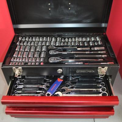 LOT 125. WORK PRO TOOL BOX AND TOOLS