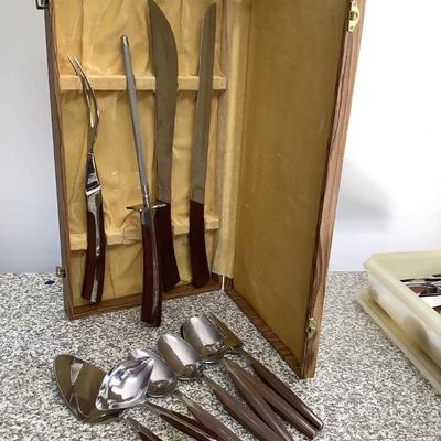 Eldan Stainless Steel Cutlery Set with Case-8 piece setting with serving pieces metal and wood