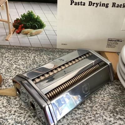 Pasta Lot- Pasta Queen made in Italy pasta maker, pasta drying rack, Ceramic serving bowl Spaghetti, 4 bowls