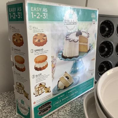 Baking Lot-Wilton Baby Bundt, 3 Corningware, Fillables Cake Pans for layered cakes in box, glass pedestal