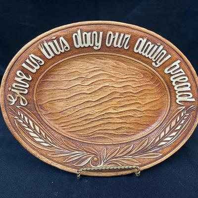 Vintage Give Us This Our Daily Bread Faux Wood Plaster Oval Serving Plate Platter