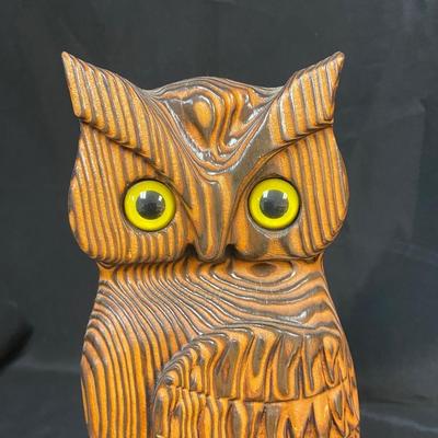 Vintage Carved Cut Wood Owl Wall Hanging Art Bright Yellow Eyes