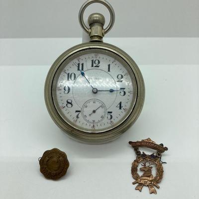 LOT 53: Antique Waltham 17 Jewels Pocket Watch (working) and Vintage Pins