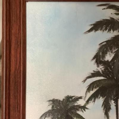 Island trees with huts wood frame 23"H 19"W