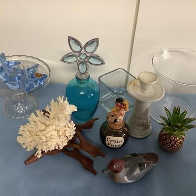 Coral decor lot-blue glass star candlesticks, pineapple, etc