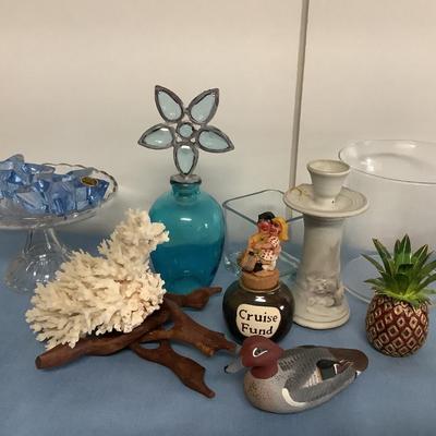 Coral decor lot-blue glass star candlesticks, pineapple, etc