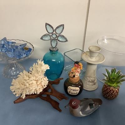 Coral decor lot-blue glass star candlesticks, pineapple, etc