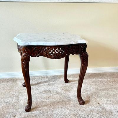 HARRIS FURNITURE ~ Solid Wood Carved Italian Marble Top Side Table
