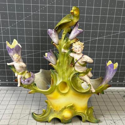 Saxony Art Nouveau Vase with Cherubs and Bird Vase