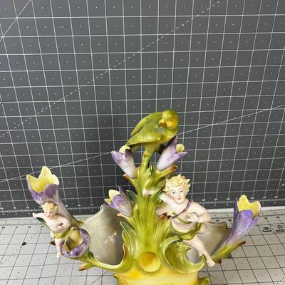 Saxony Art Nouveau Vase with Cherubs and Bird Vase