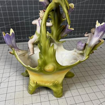 Saxony Art Nouveau Vase with Cherubs and Bird Vase