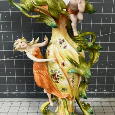 Art Nouveau Saxony Vase Cherub and Woman 