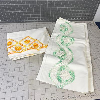 2 Sets of Pillowcases new Crocheted edge. Green and Gold 