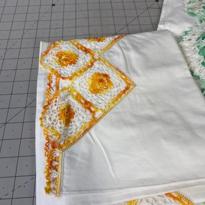 2 Sets of Pillowcases new Crocheted edge. Green and Gold 