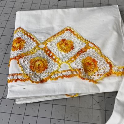 2 Sets of Pillowcases new Crocheted edge. Green and Gold 