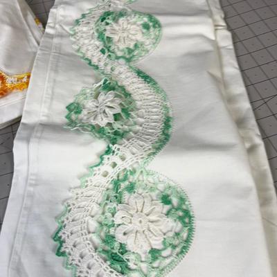 2 Sets of Pillowcases new Crocheted edge. Green and Gold 