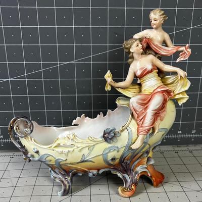 Antique Dresden Vase / Planter  Peach/ Green Color Mother and Boy