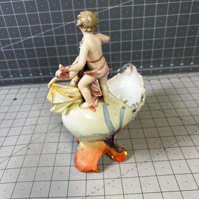 Antique Dresden Vase / Planter  Peach/ Green Color Mother and Boy