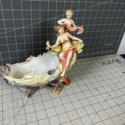 Antique Dresden Vase / Planter  Peach/ Green Color Mother and Boy