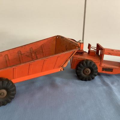 Structo Toys orange metal tractor and bottom dump earth mover