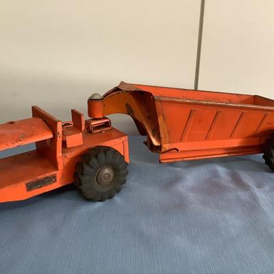 Structo Toys orange metal tractor and bottom dump earth mover