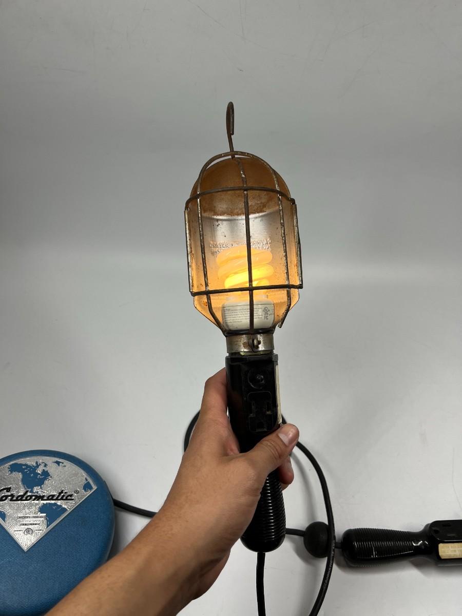 Pair of Vintage Cordomatic Retractable Handy Lite Reel Shop Drop Lights