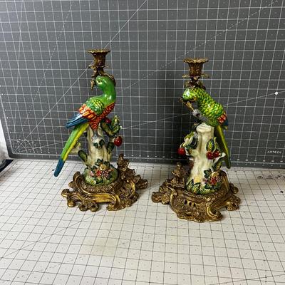 Brass Ceramic/ Ormolu Pair of Parrot Candle Sticks, IMPRESSIVE!