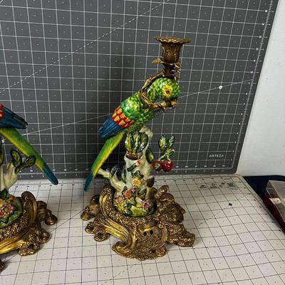 Brass Ceramic/ Ormolu Pair of Parrot Candle Sticks, IMPRESSIVE!