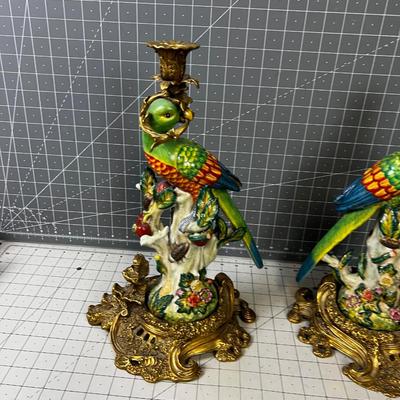 Brass Ceramic/ Ormolu Pair of Parrot Candle Sticks, IMPRESSIVE!