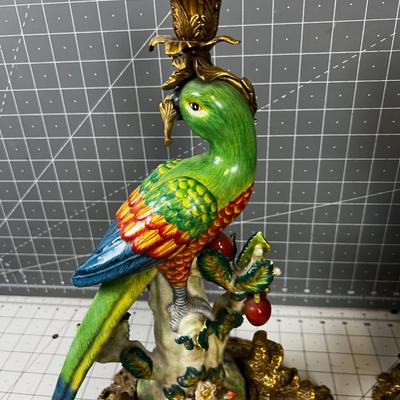 Brass Ceramic/ Ormolu Pair of Parrot Candle Sticks, IMPRESSIVE!