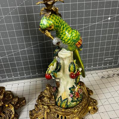 Brass Ceramic/ Ormolu Pair of Parrot Candle Sticks, IMPRESSIVE!
