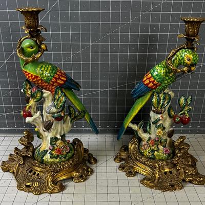 Brass Ceramic/ Ormolu Pair of Parrot Candle Sticks, IMPRESSIVE!