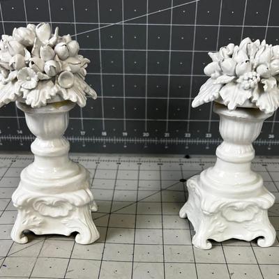 WHITE  (4) Italian Porcelain  Candle Stick / Fruit 6" Tall 