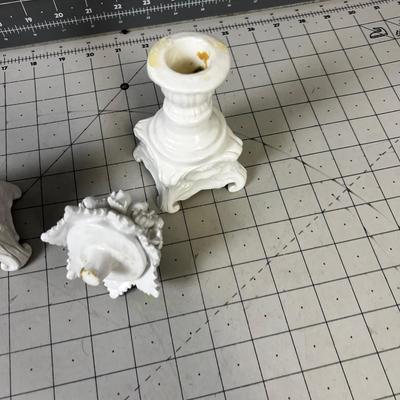 WHITE  (4) Italian Porcelain  Candle Stick / Fruit 6" Tall 