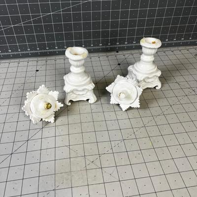 WHITE  (4) Italian Porcelain  Candle Stick / Fruit 6" Tall 