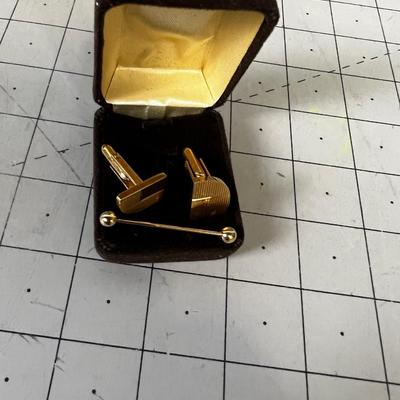 Men's Gold Cufflinks and Tie Bar