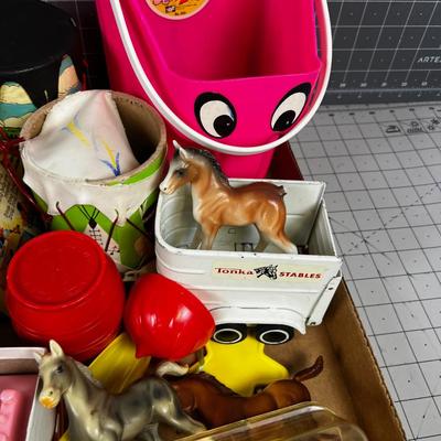 Antique Toys: Drum, Telephone, Horses, Trailer 