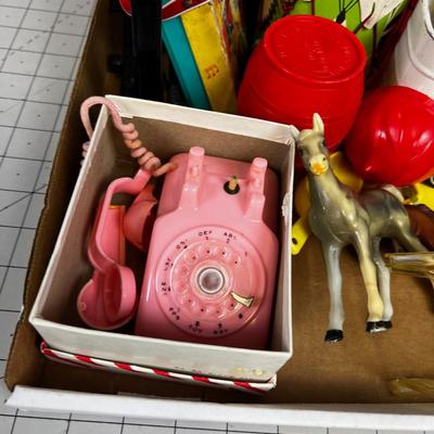 Antique Toys: Drum, Telephone, Horses, Trailer 