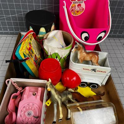 Antique Toys: Drum, Telephone, Horses, Trailer 