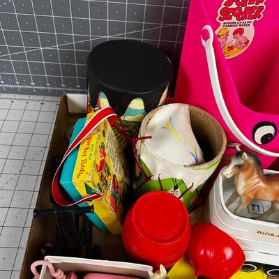 Antique Toys: Drum, Telephone, Horses, Trailer 