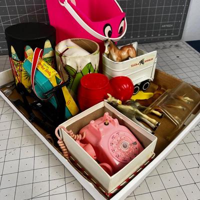 Antique Toys: Drum, Telephone, Horses, Trailer 