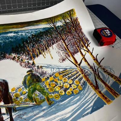 Johan Lundgren Numbered Print 17 / 300 Watercolor Print of Log Gathering in Winter