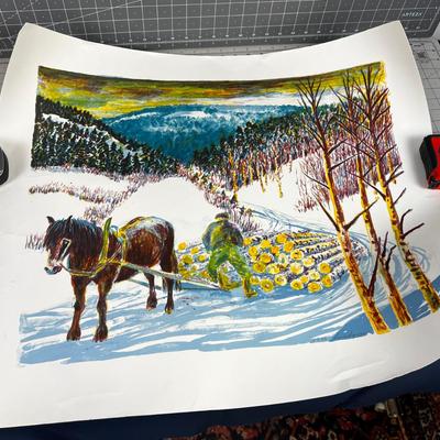 Johan Lundgren Numbered Print 17 / 300 Watercolor Print of Log Gathering in Winter