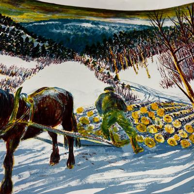 Johan Lundgren Numbered Print 17 / 300 Watercolor Print of Log Gathering in Winter