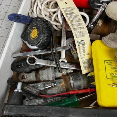 Tray of Hand Tools: Brush, Flashlight, Gloves etc.
