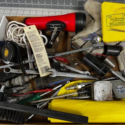 Tray of Hand Tools: Brush, Flashlight, Gloves etc.