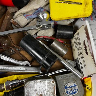 Tray of Hand Tools: Brush, Flashlight, Gloves etc.