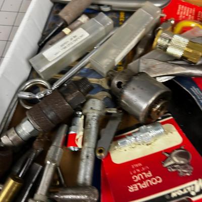 Tray of Tools and Bits: Saw Blade, Punches, Air Chuck