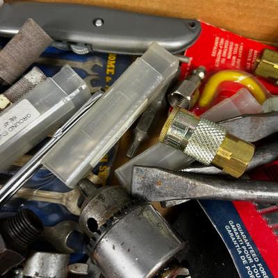 Tray of Tools and Bits: Saw Blade, Punches, Air Chuck
