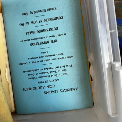 Tub of Coin Books VINTAGE, Coin Holder Books and Coin Auction Flyers from '40's 